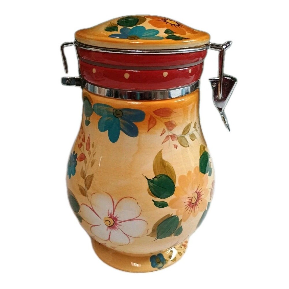 VTG Oneida Sunset Bouquet Hand Painted Ceramic Canister Airtight Hinged Lid 8" - Picture 2 of 16